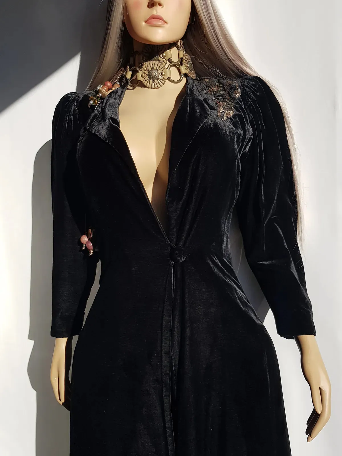 1920s Midnight Black Bohemian Gothic Velvet Coat with Hand Sequin Work on the Shoulder - Made in Sydney -