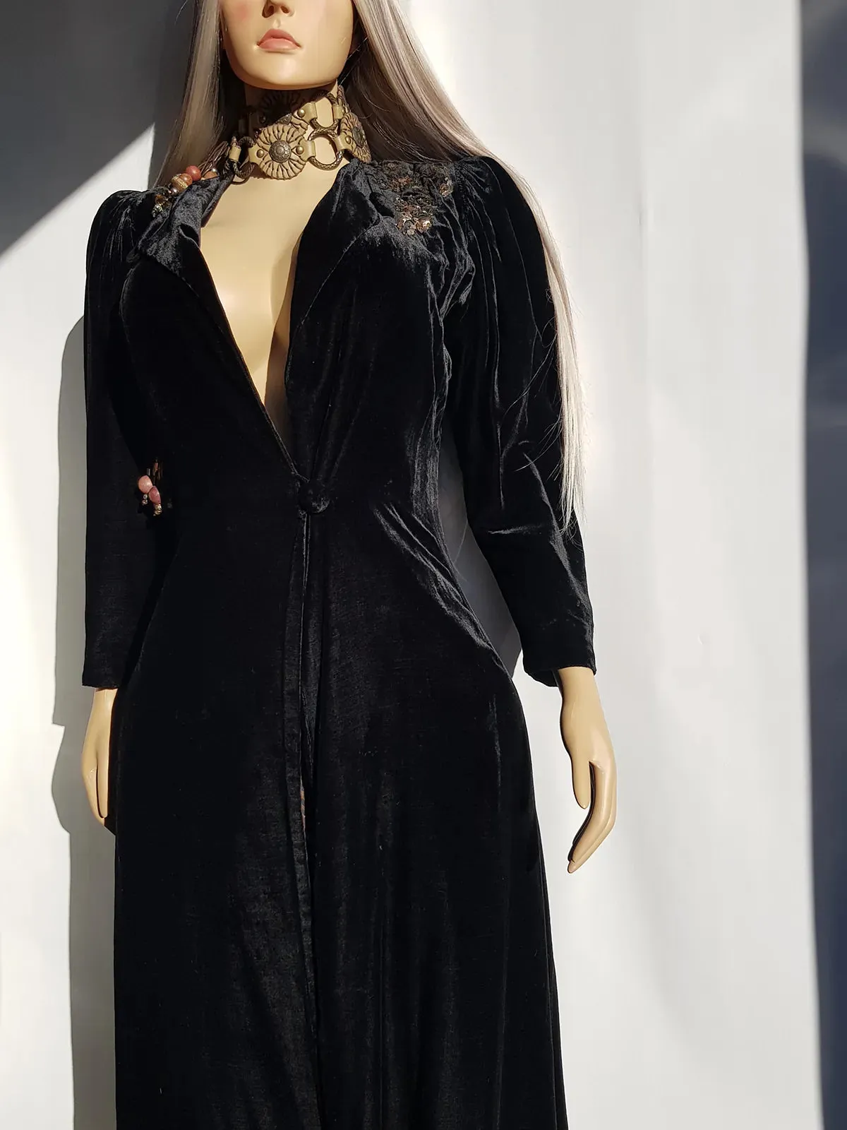 1920s Midnight Black Bohemian Gothic Velvet Coat with Hand Sequin Work on the Shoulder - Made in Sydney -