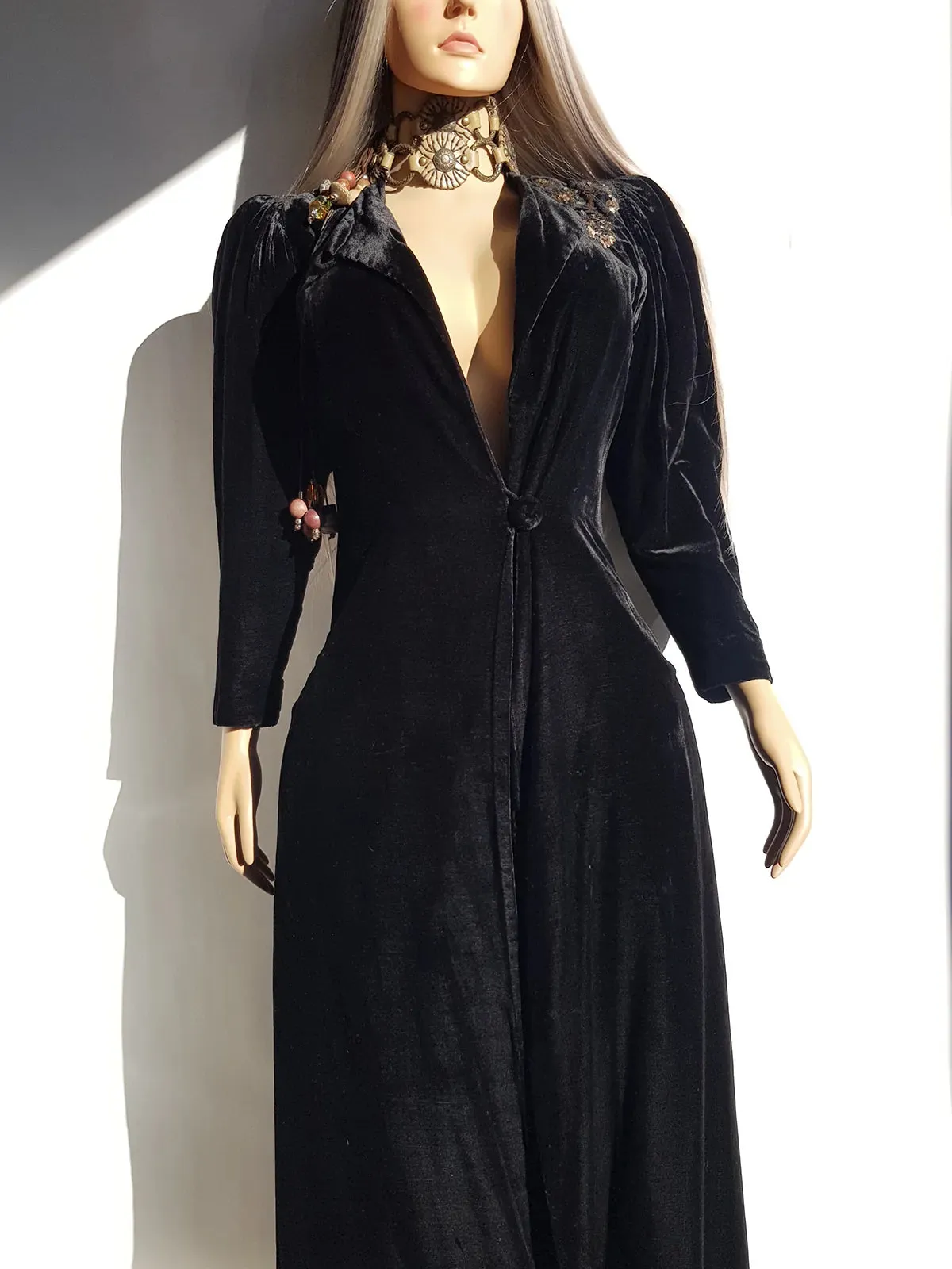 1920s Midnight Black Bohemian Gothic Velvet Coat with Hand Sequin Work on the Shoulder - Made in Sydney -