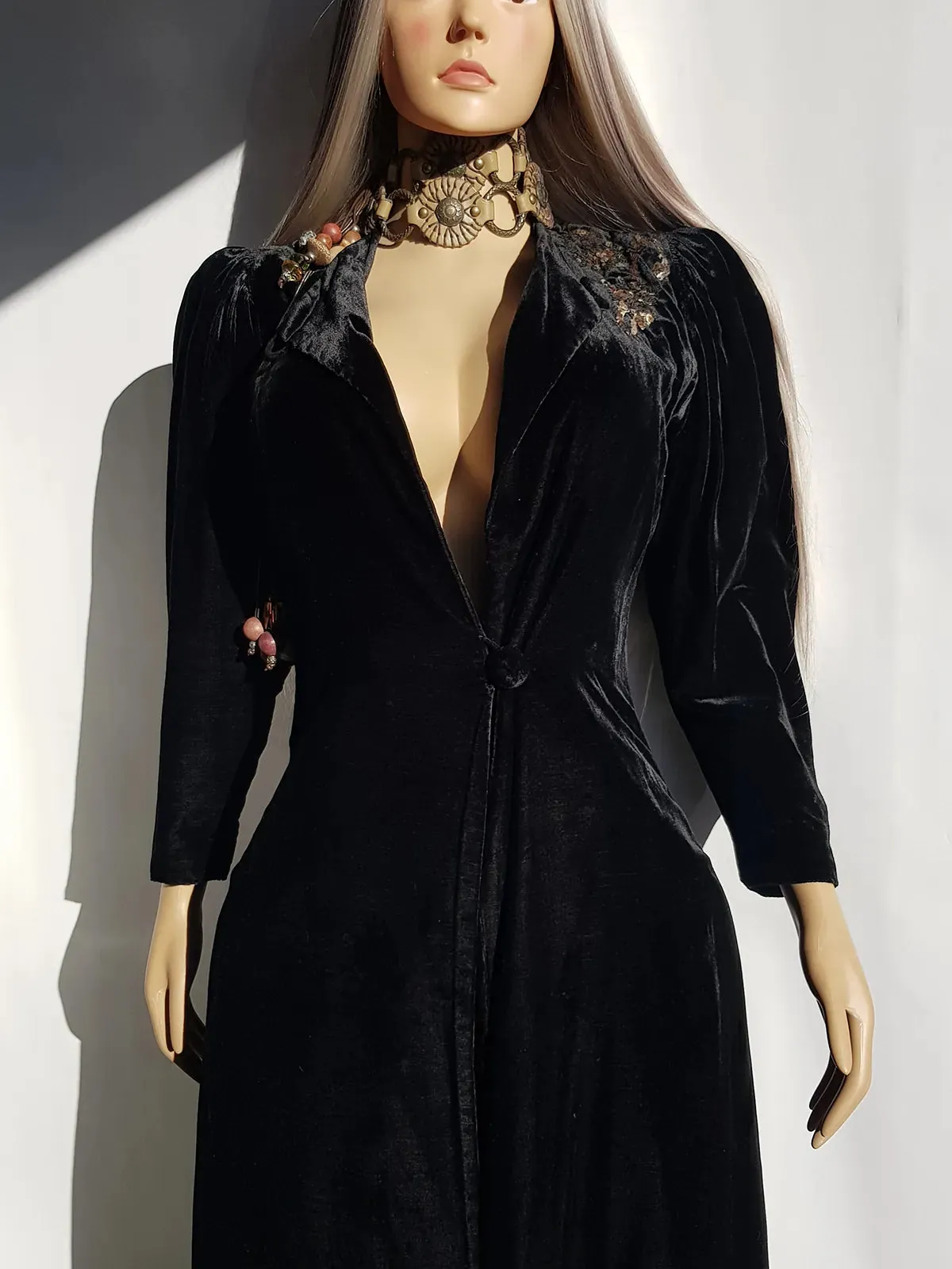 1920s Midnight Black Bohemian Gothic Velvet Coat with Hand Sequin Work on the Shoulder - Made in Sydney -