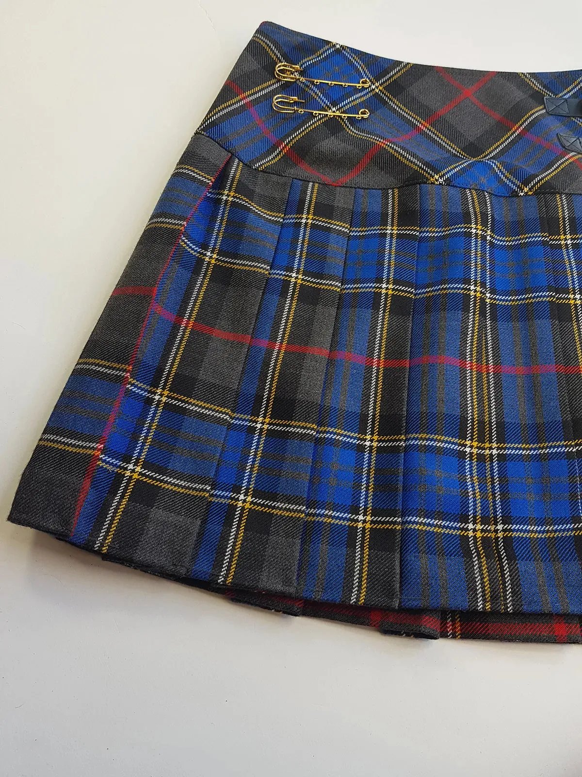 1990s Vintage Wool Plaid Pleated Mini Skirt - Leather Buckles with Gold Hardware - Perfect Tailoring & Length - Pins Included to hang your own charms