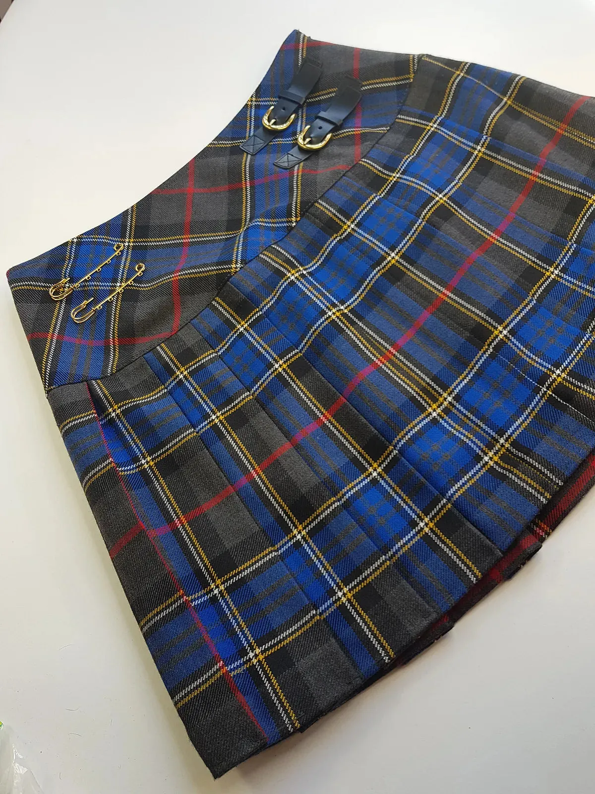 1990s Vintage Wool Plaid Pleated Mini Skirt - Leather Buckles with Gold Hardware - Perfect Tailoring & Length - Pins Included to hang your own charms