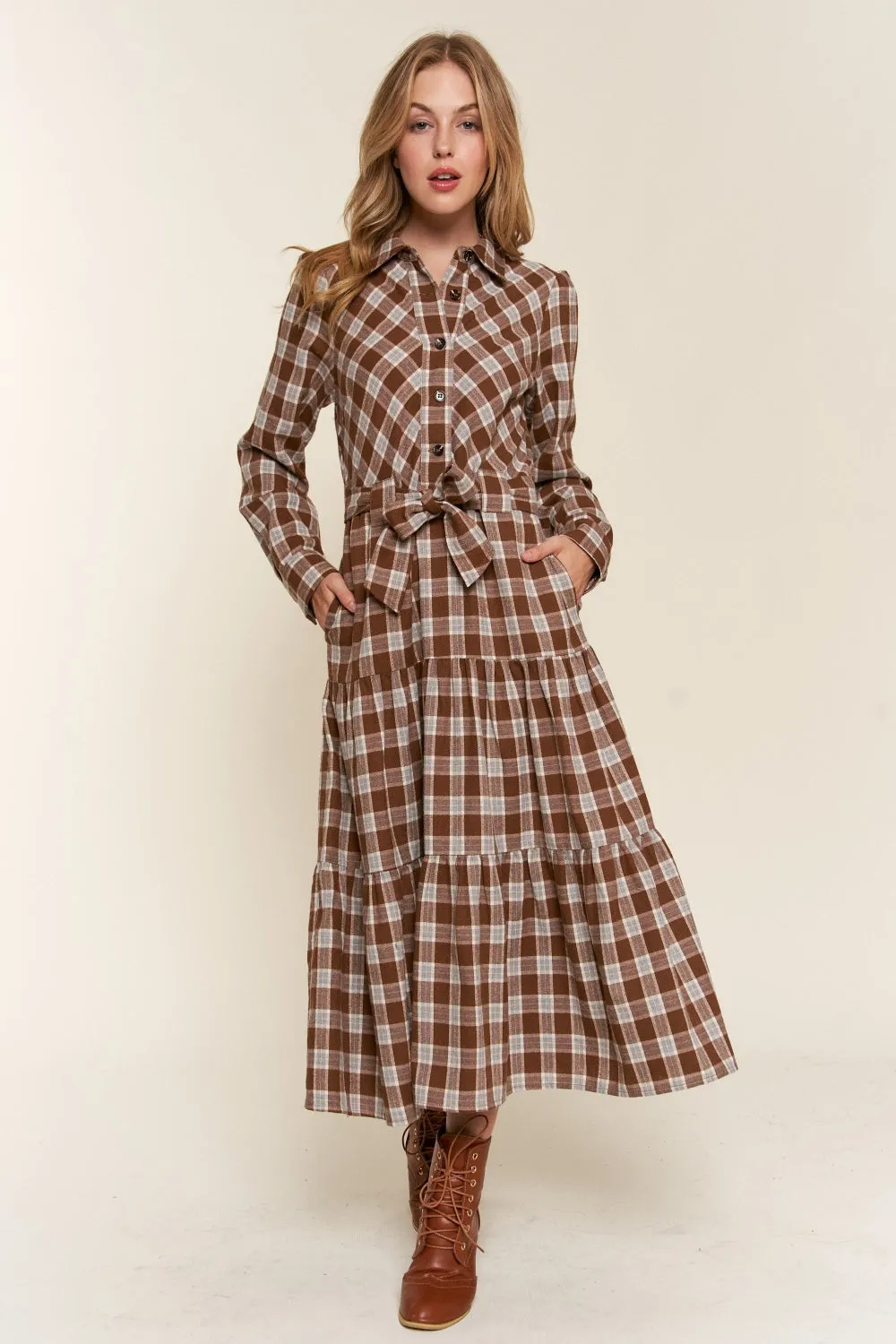 And the Why Plaid Tiered Midi Shirt Dress