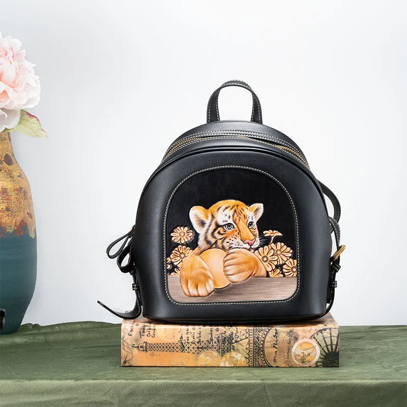 Artistically Hand-carved Vegetable-tanned Leather Backpack Featuring Adorable Animal Motifs