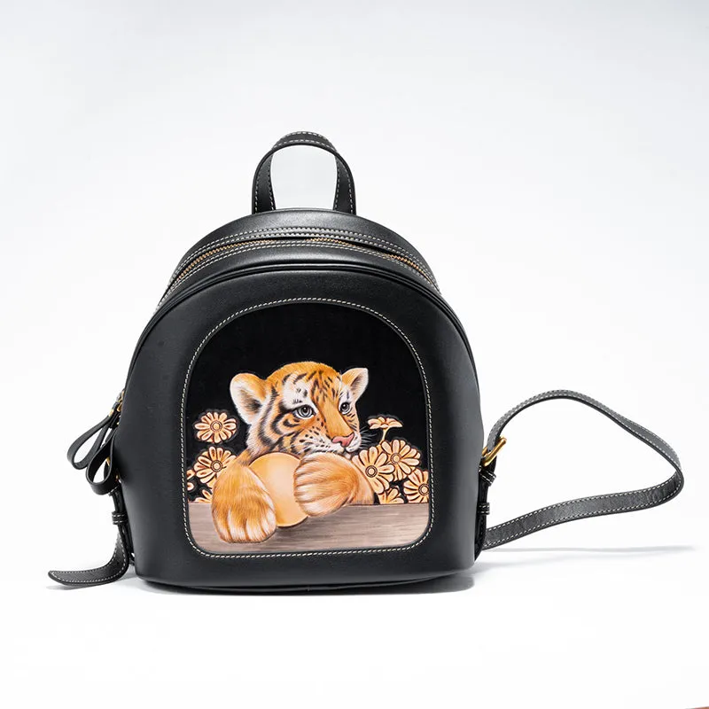 Artistically Hand-carved Vegetable-tanned Leather Backpack Featuring Adorable Animal Motifs