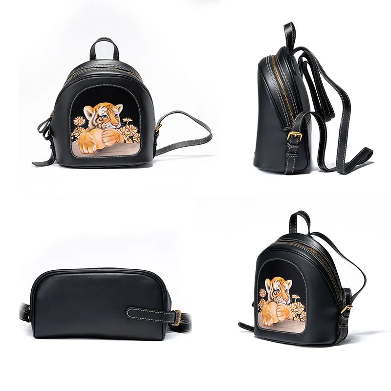 Artistically Hand-carved Vegetable-tanned Leather Backpack Featuring Adorable Animal Motifs