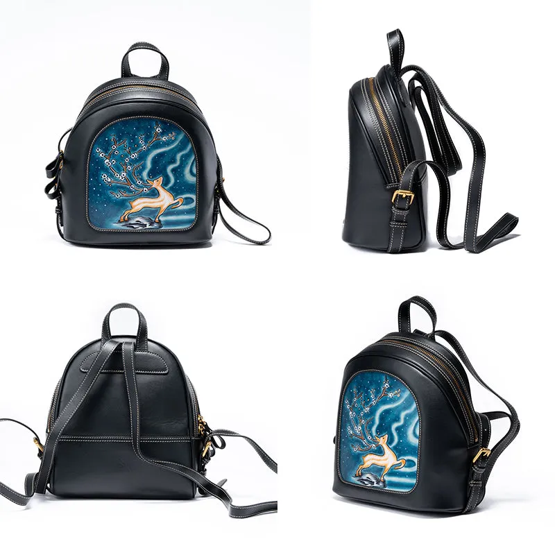 Artistically Hand-carved Vegetable-tanned Leather Backpack Featuring Adorable Animal Motifs