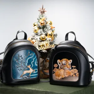 Artistically Hand-carved Vegetable-tanned Leather Backpack Featuring Adorable Animal Motifs