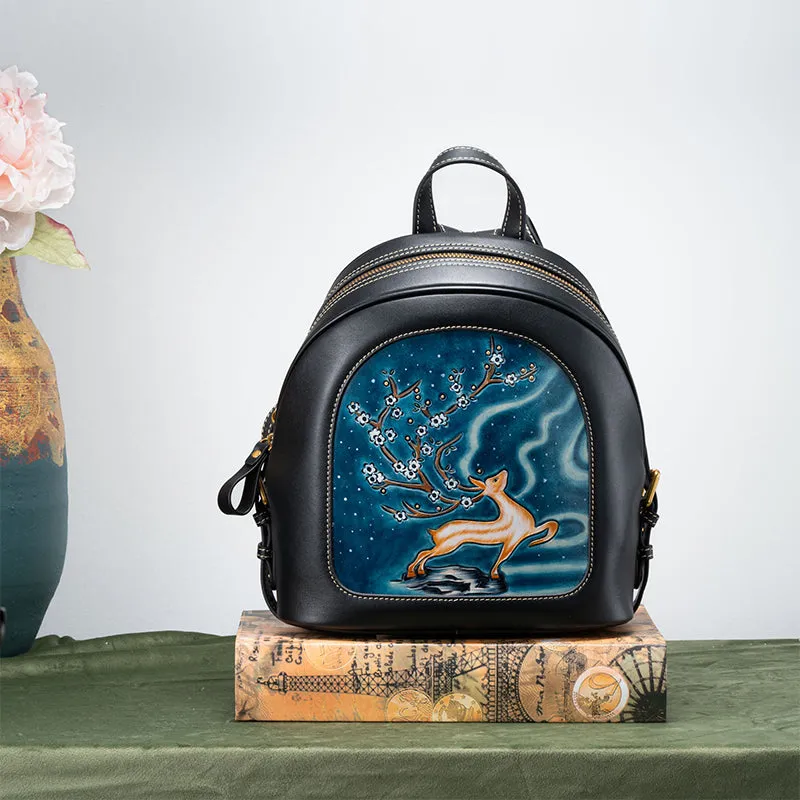 Artistically Hand-carved Vegetable-tanned Leather Backpack Featuring Adorable Animal Motifs