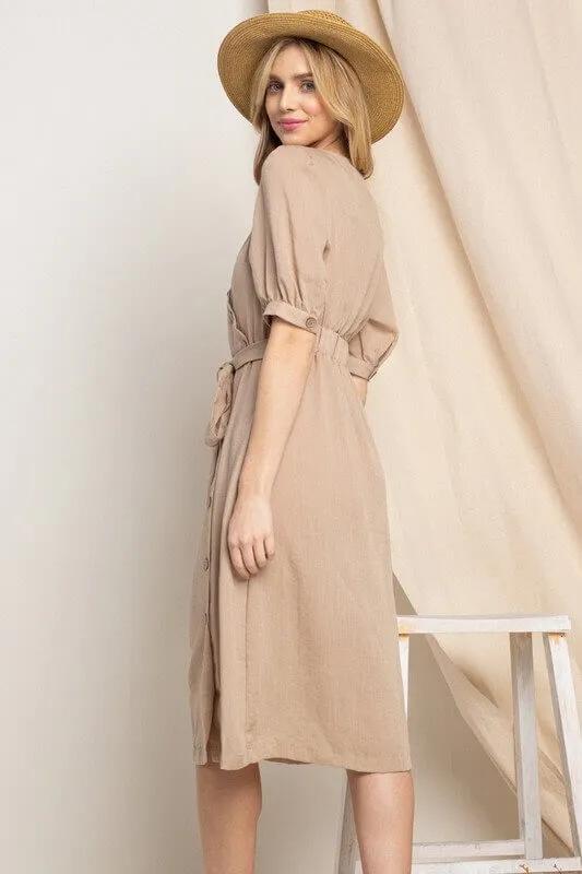 Asymmetrical Button-Down Wrapped Midi Dress