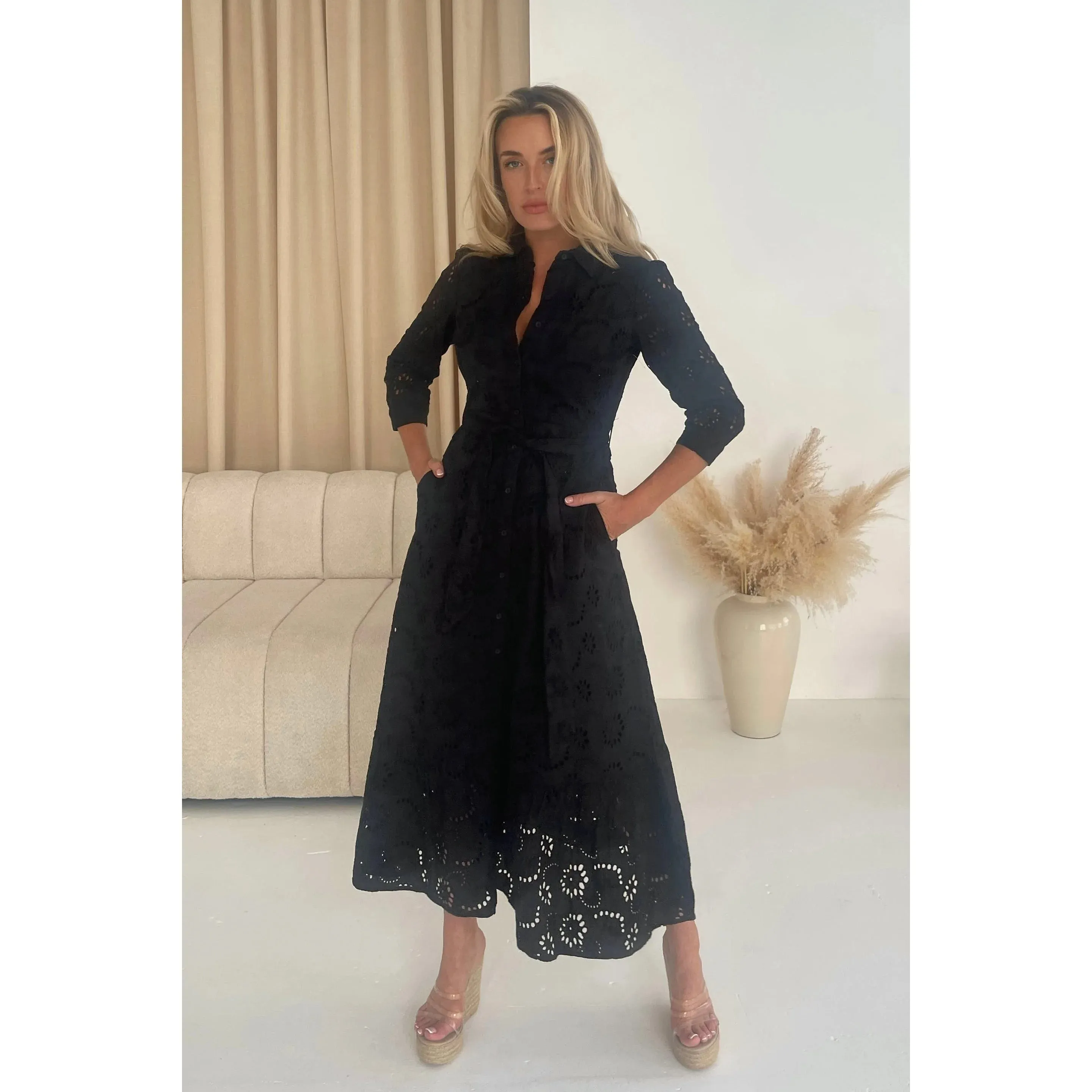 Black Broderie Anglaise Long Shirt Dress with Pockets