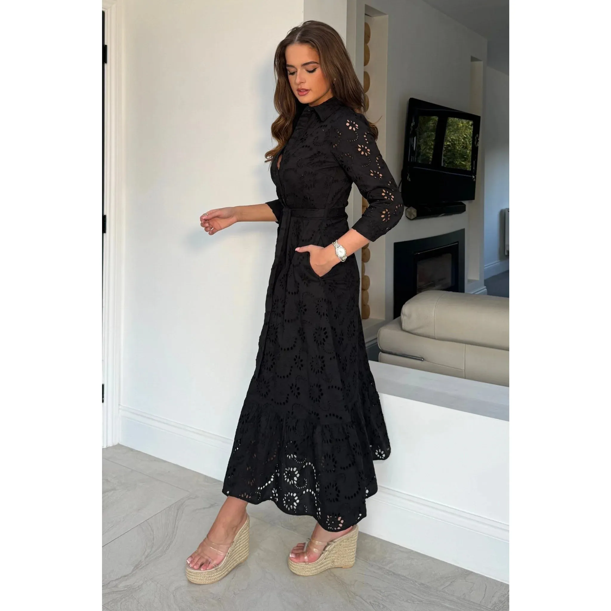 Black Broderie Anglaise Long Shirt Dress with Pockets