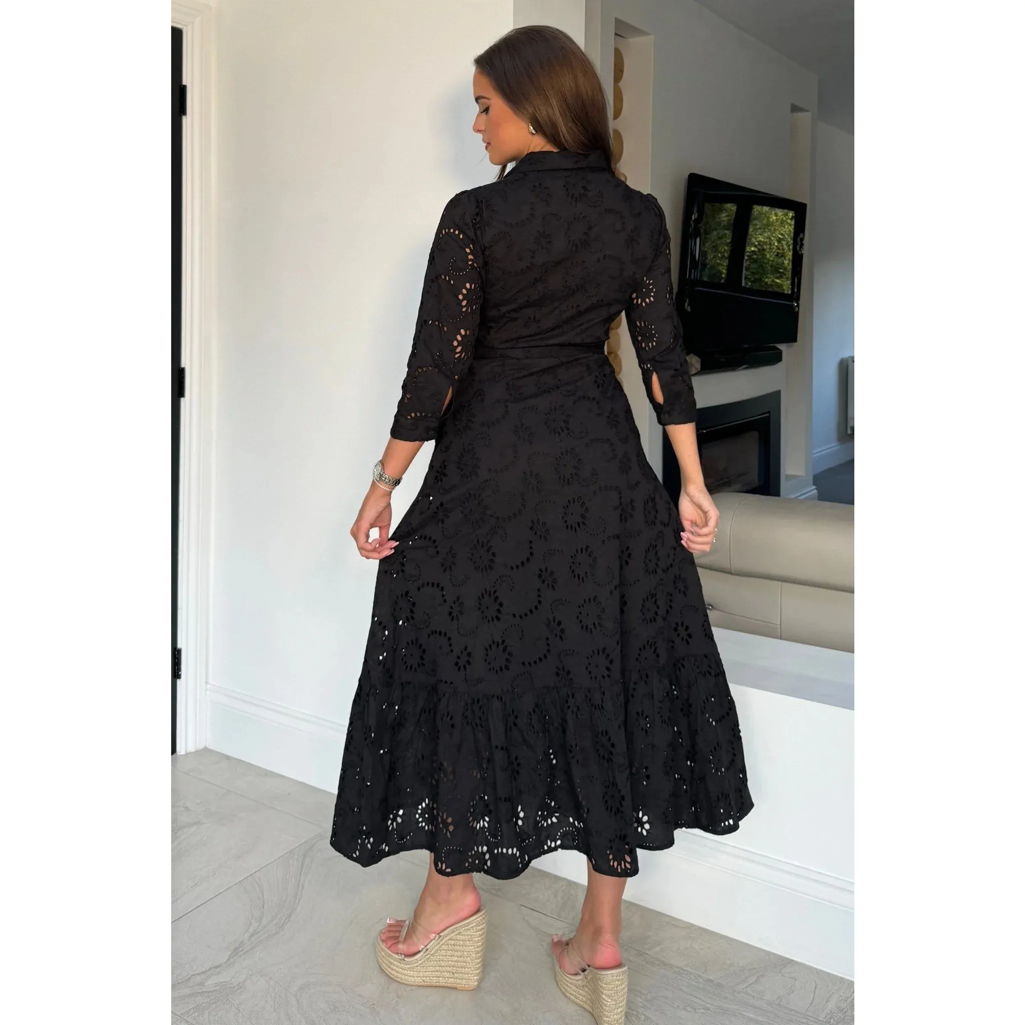 Black Broderie Anglaise Long Shirt Dress with Pockets