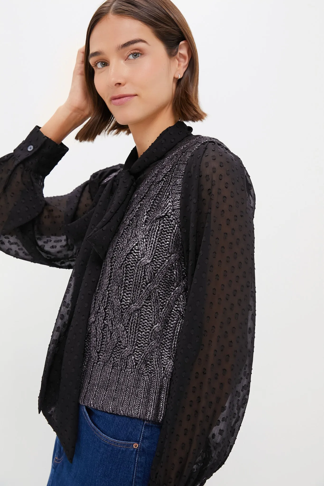 Black Foil Cable Ellington Sweater Blouse