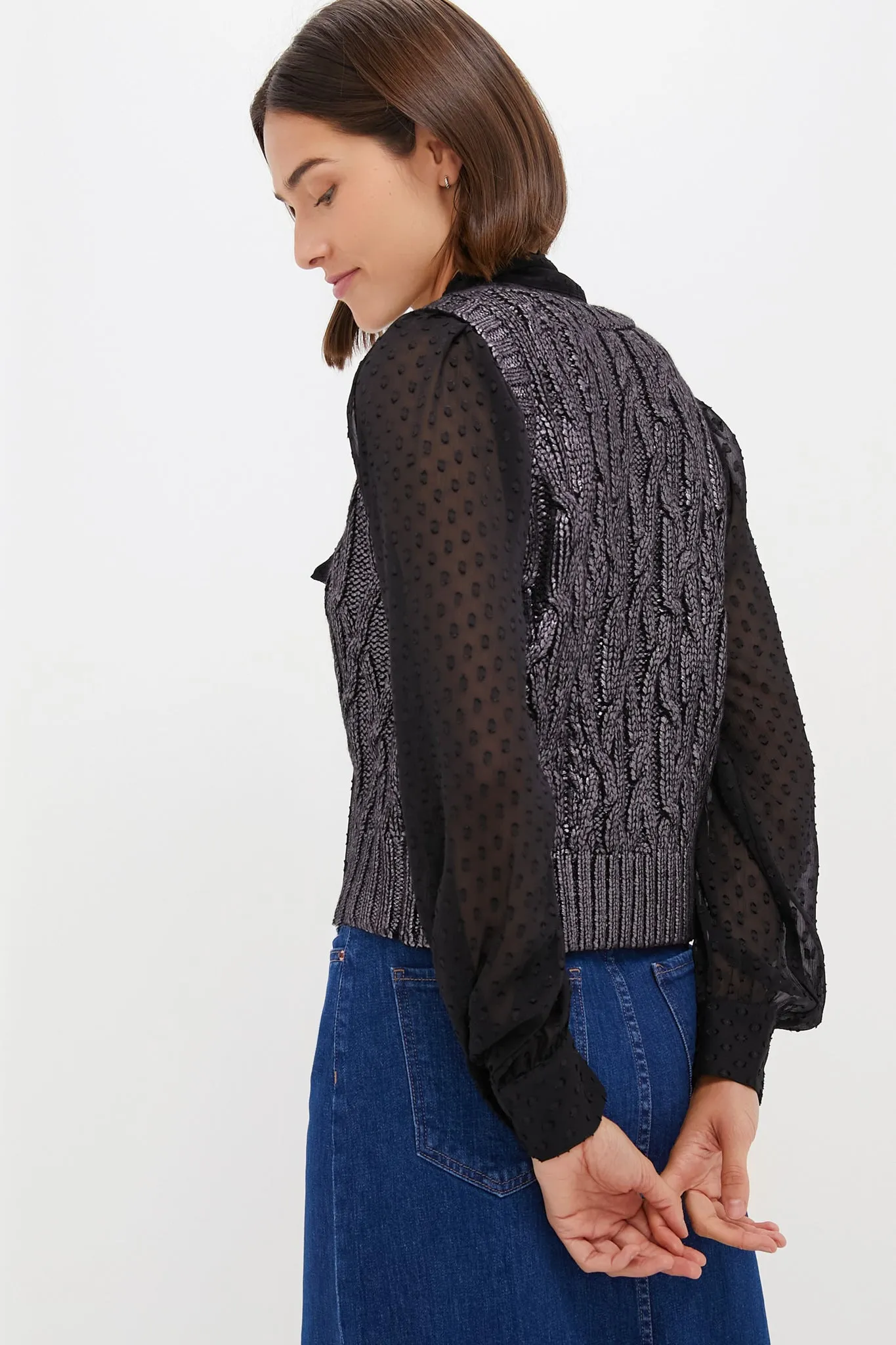 Black Foil Cable Ellington Sweater Blouse