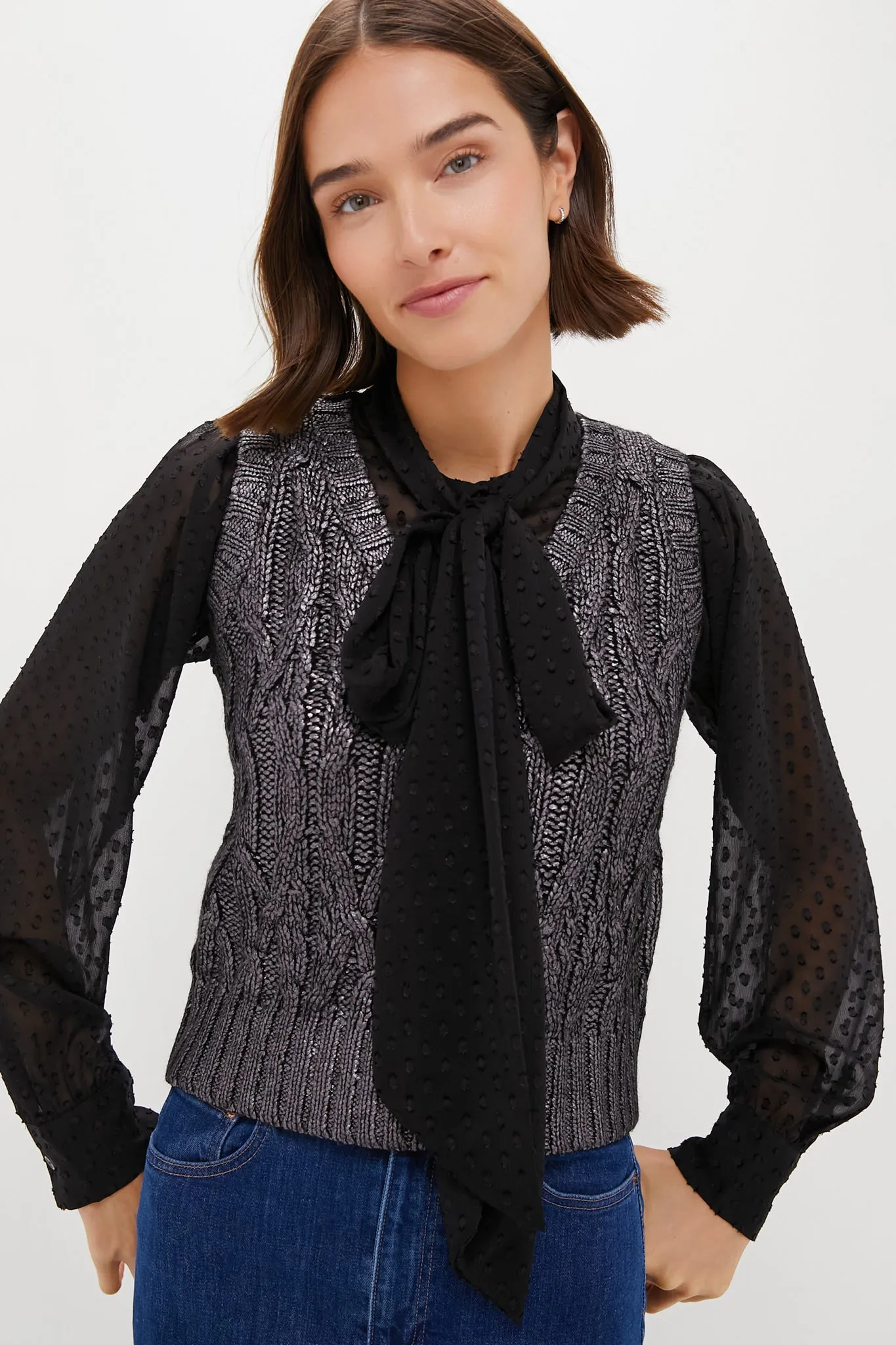 Black Foil Cable Ellington Sweater Blouse