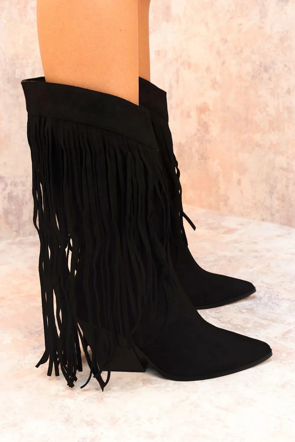 Black Mid Calf Length Western Faux Suede Fringe Cowboy Boot