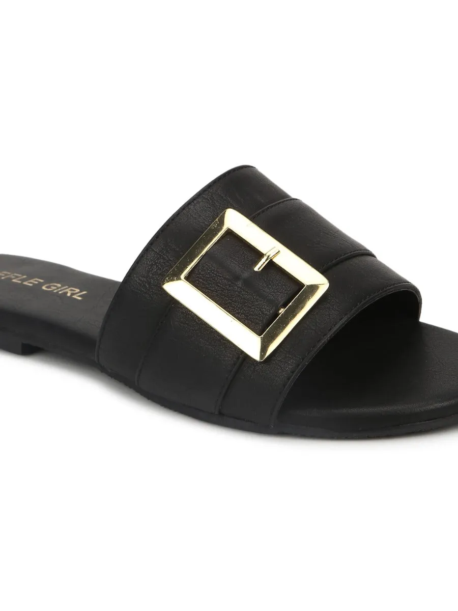 Black PU Slide Buckle Slip Ons