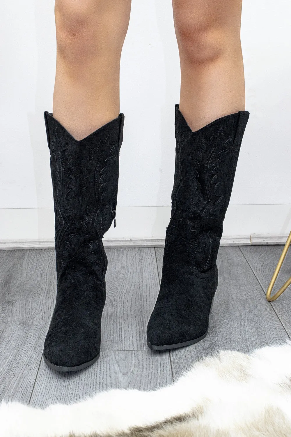 Black Suede Embroidered Cowboy Mid Calf Length Boots