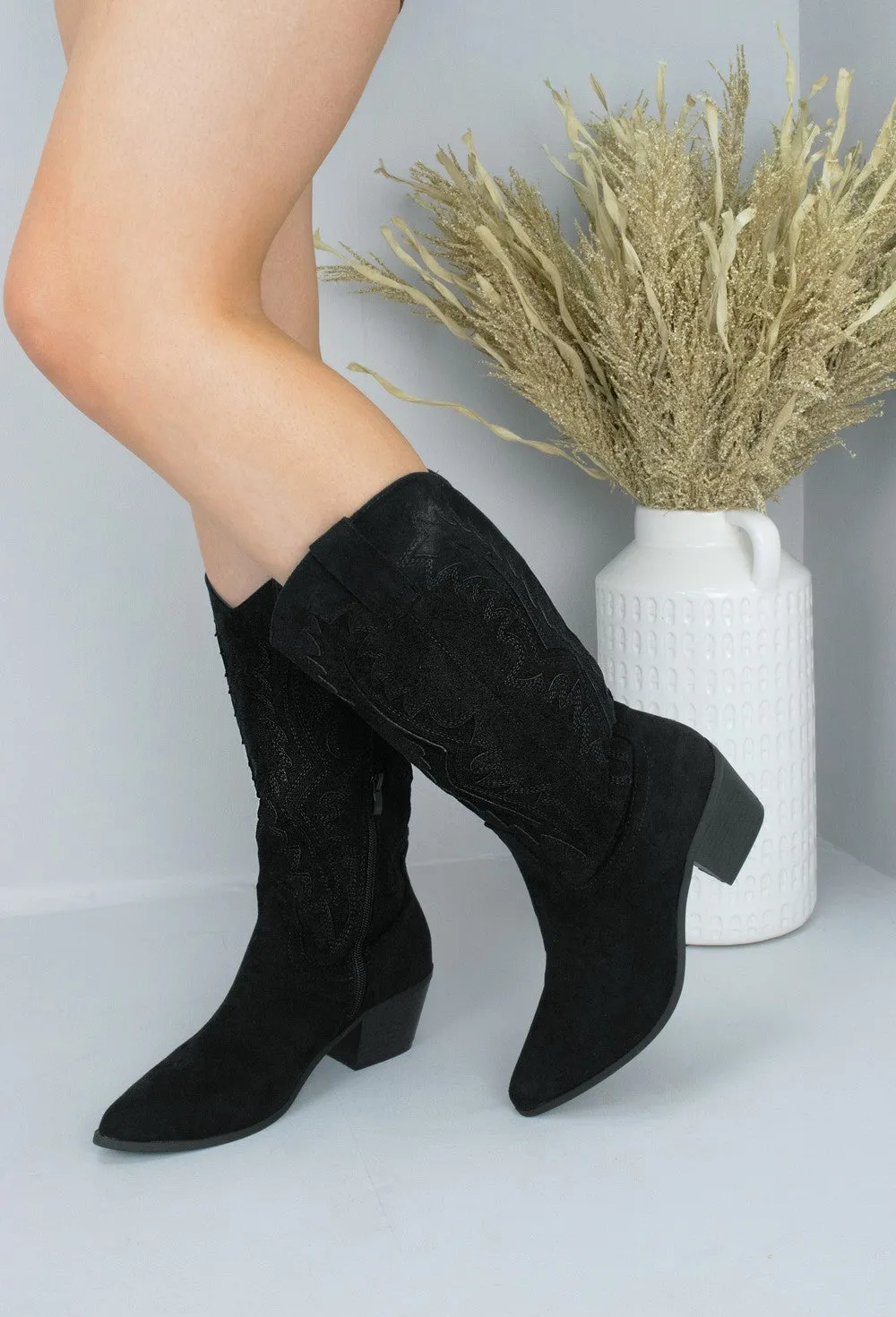 Black Suede Embroidered Cowboy Mid Calf Length Boots