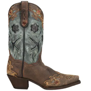 Blue Bird Floral Tooled-Inlay Snip Toe Cowboy Boots