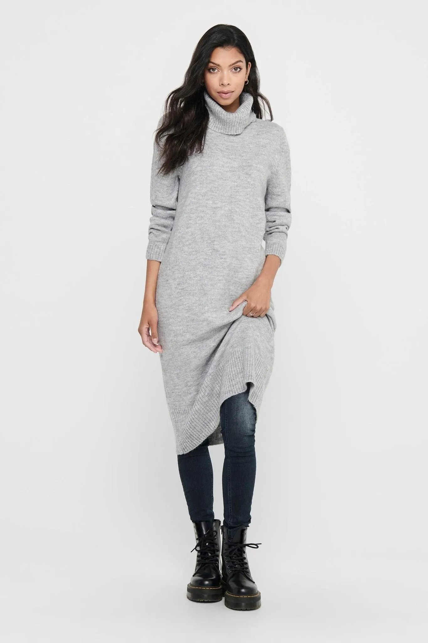 Brandie Roll Neck Dress - Light Grey Melange