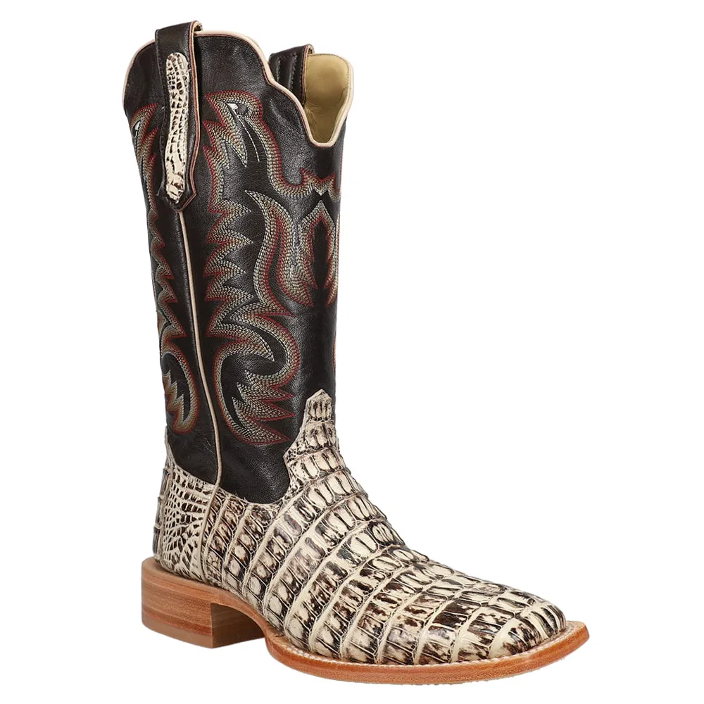 Caiman Tail Embroidered Square Toe Cowboy Boots