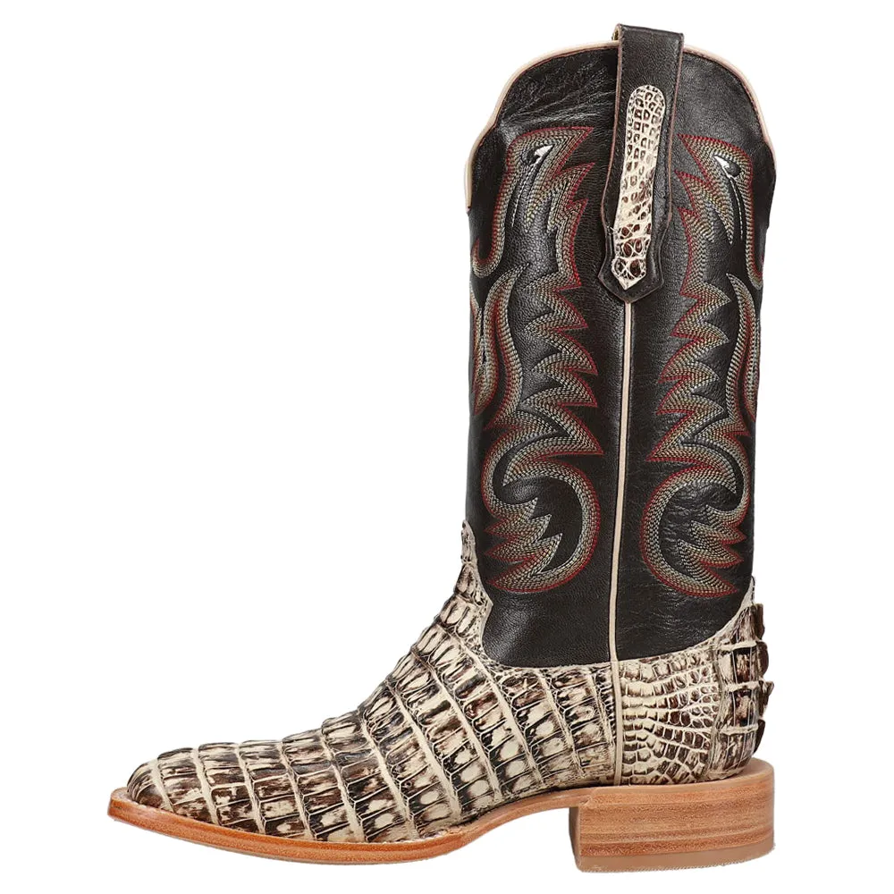 Caiman Tail Embroidered Square Toe Cowboy Boots