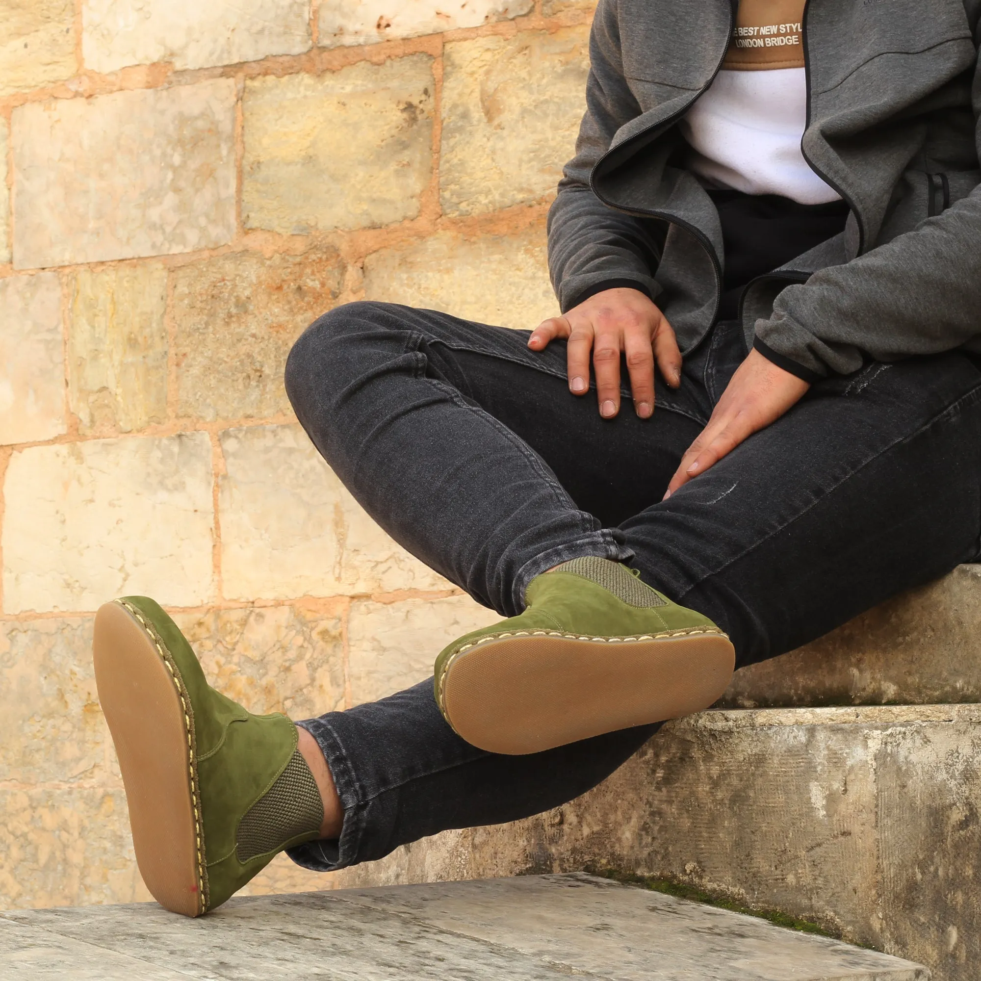 Chelsea Barefoot Boots Nubuck Green Handmade Men's