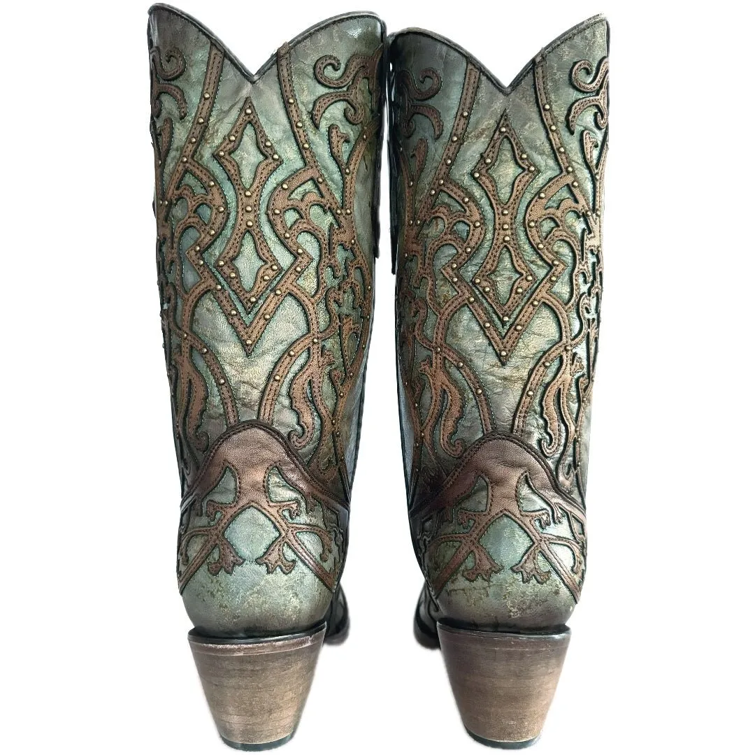 CORRAL C3750 Turquoise Brown Overlay Studded Cowboy Boots