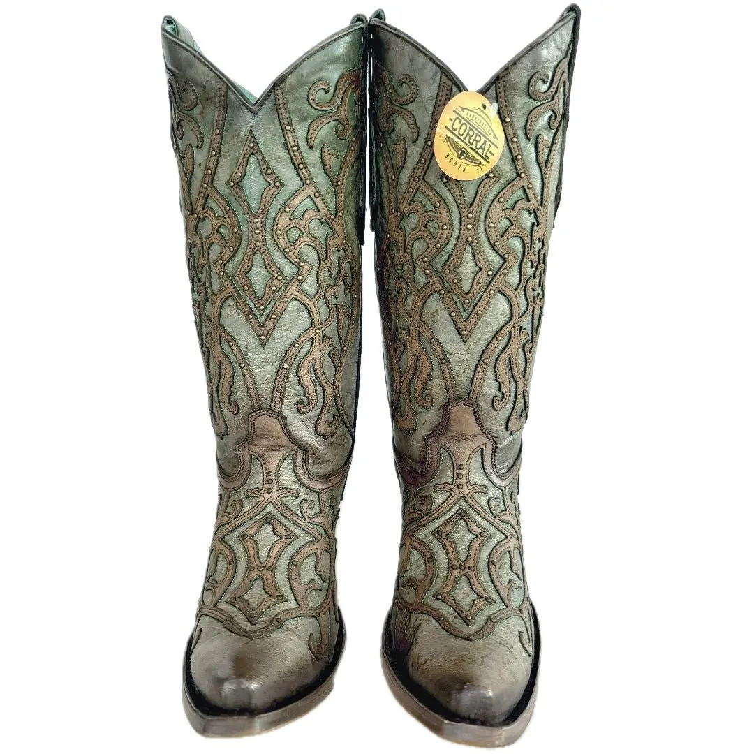 CORRAL C3750 Turquoise Brown Overlay Studded Cowboy Boots