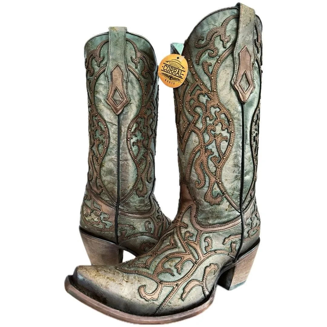 CORRAL C3750 Turquoise Brown Overlay Studded Cowboy Boots