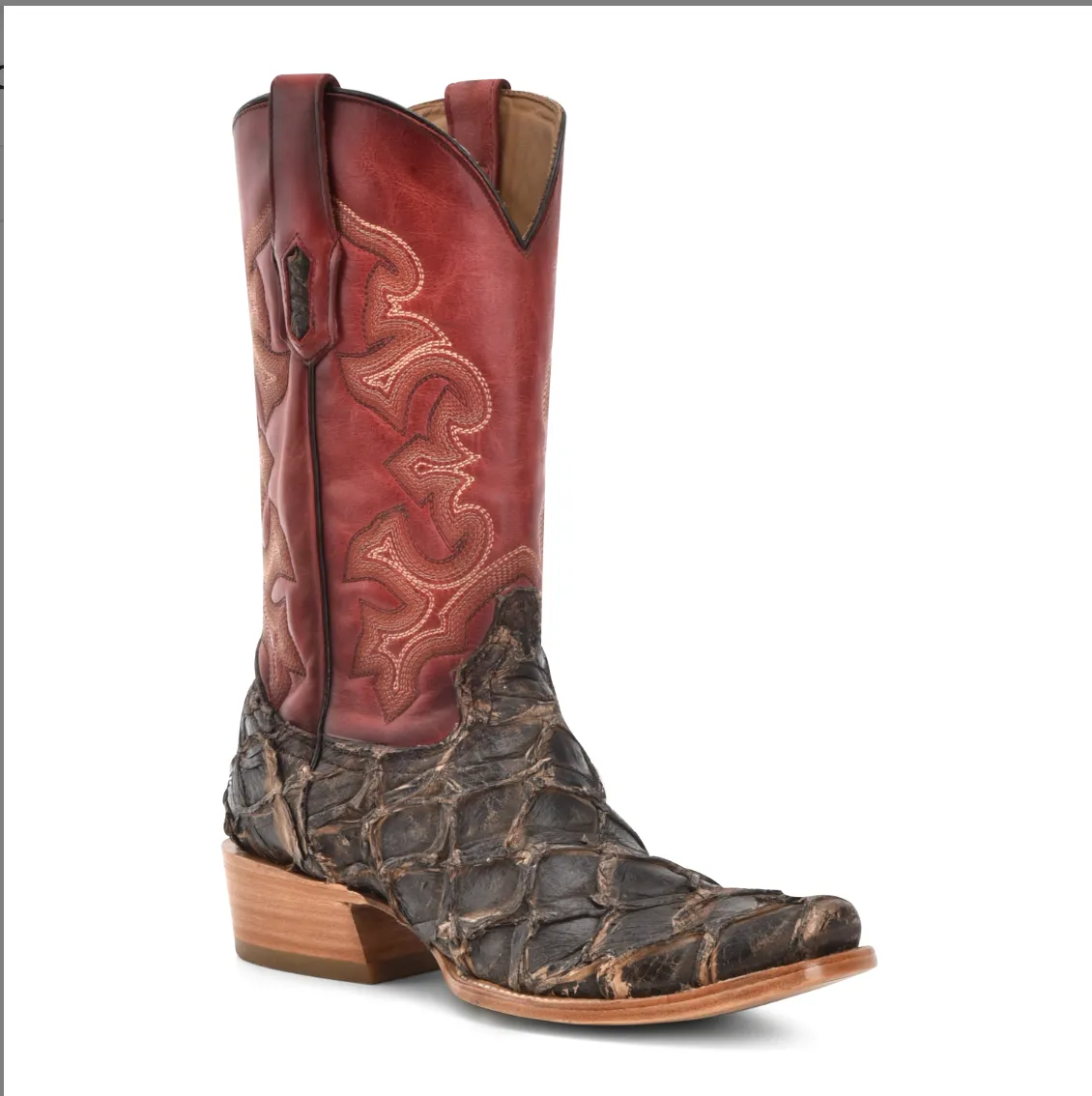 Corral Men's Brown Pirarucu Fish & Red Embroidery Horseman Toe Western Boot