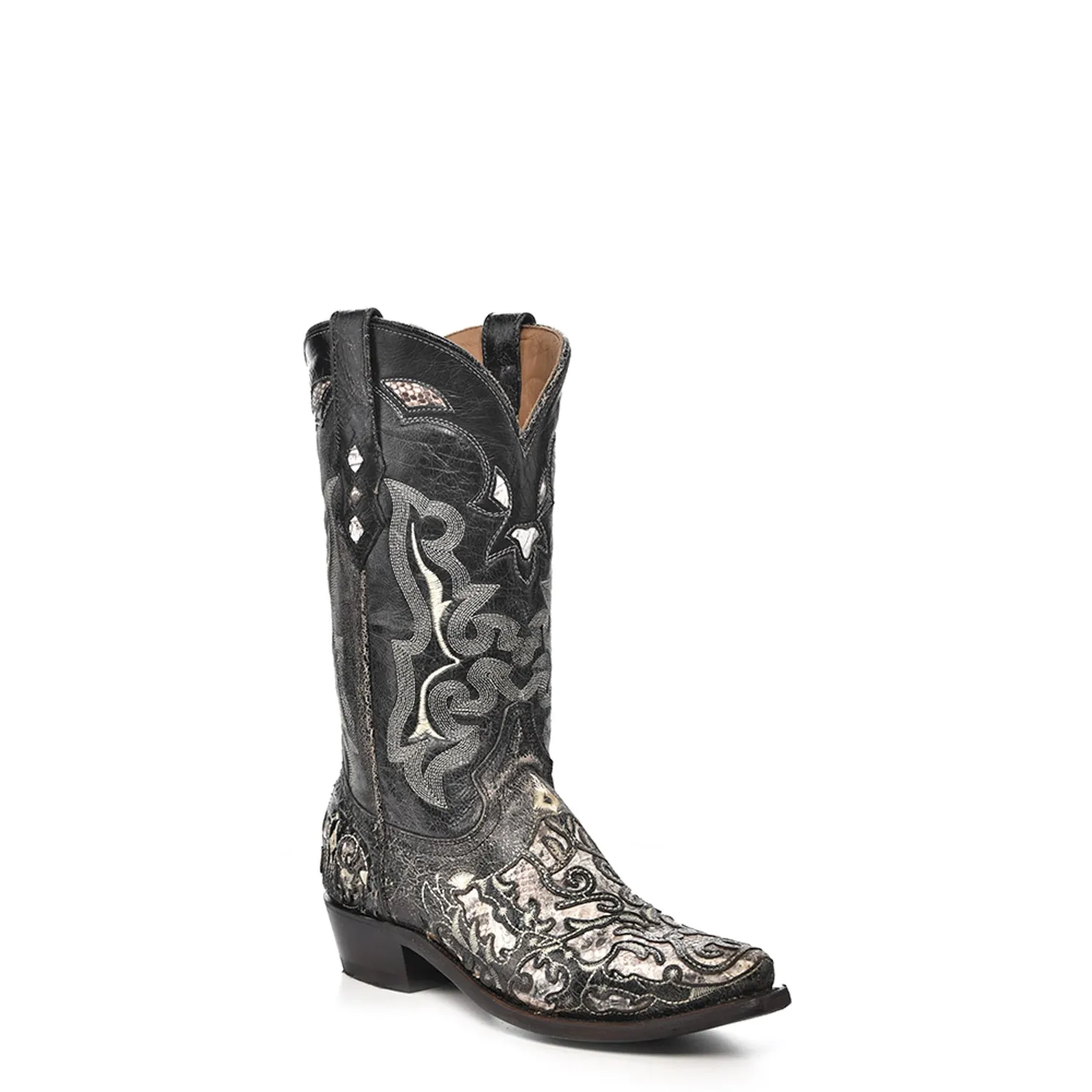 Corral Mens Inlay Embroidery Snip Toe Black Python 12.5in Cowboy Boots