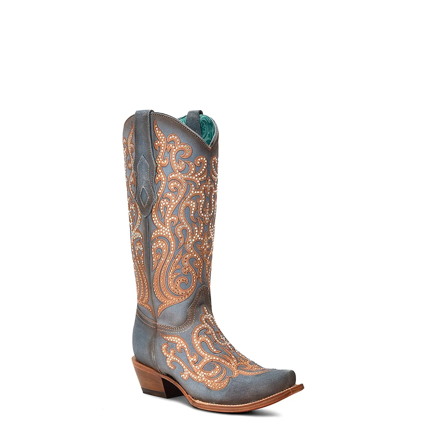 Corral Womens Honey Overlay Crystals Snip Blue Cowhide 13in Cowboy Boots