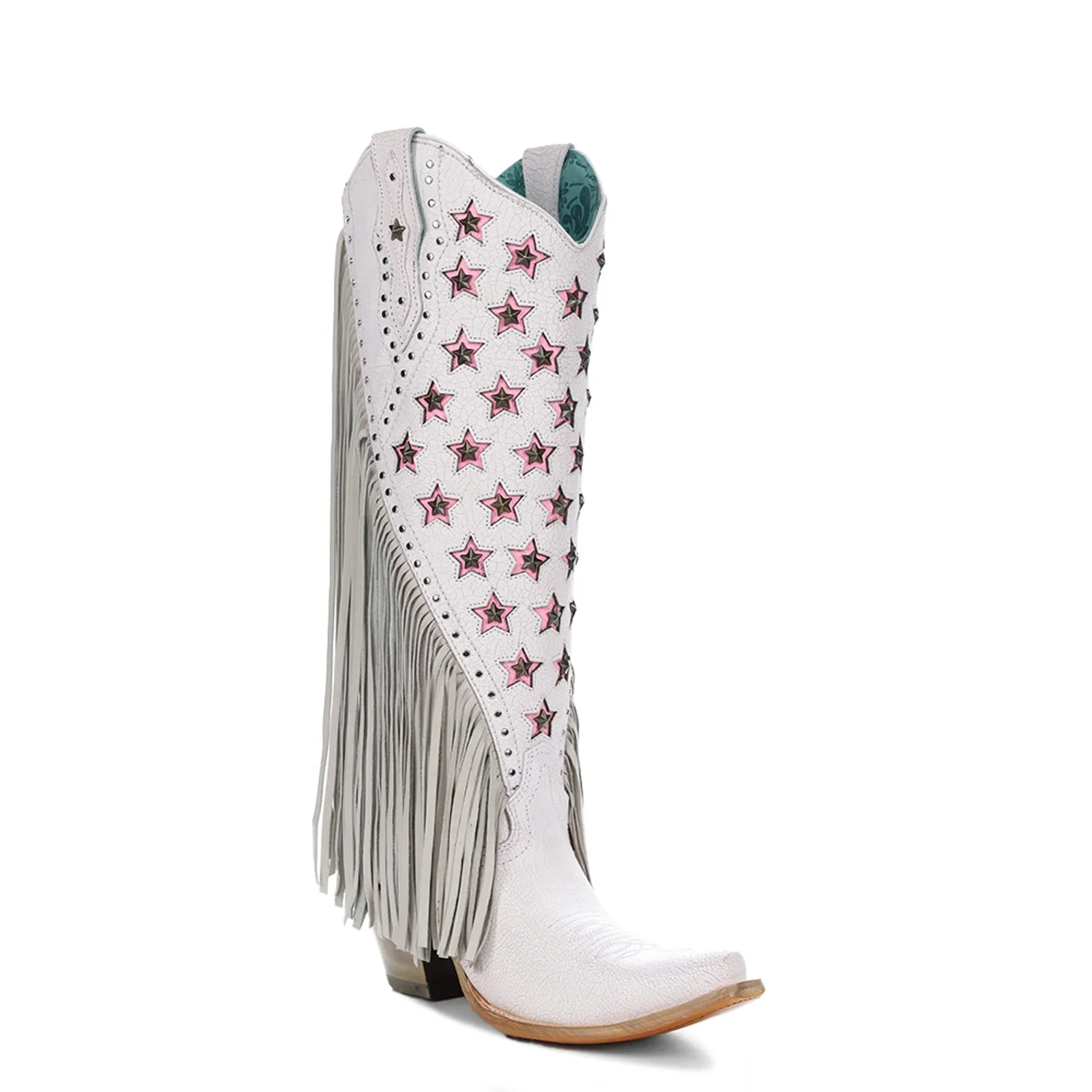 Corral Womens Stars Inlay Lamb Fringe White Cowhide 15.5in Cowboy Boots