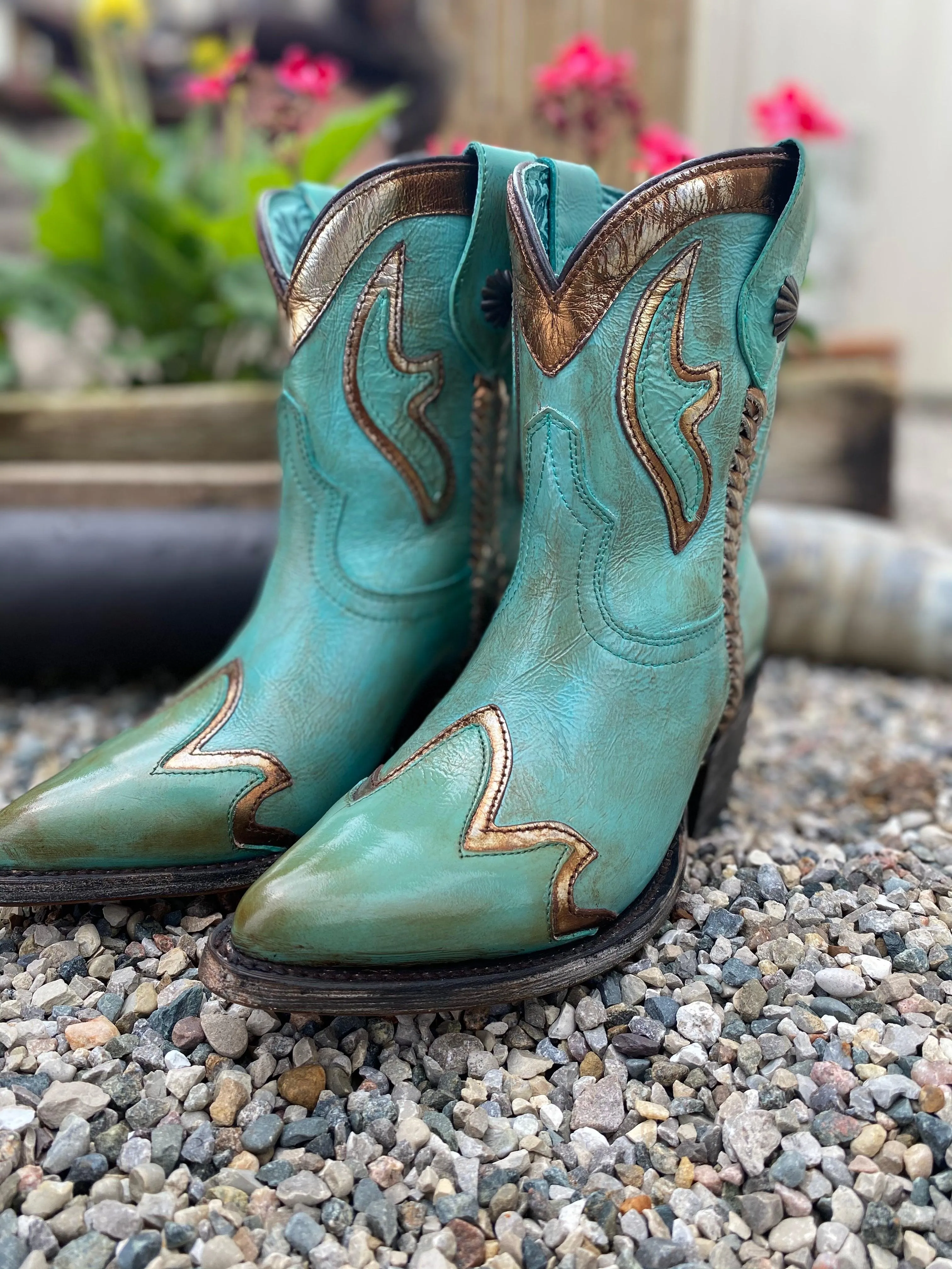 Corral Women’s Turquoise & Gold Overlay Shortie Ankle Boots Z0120