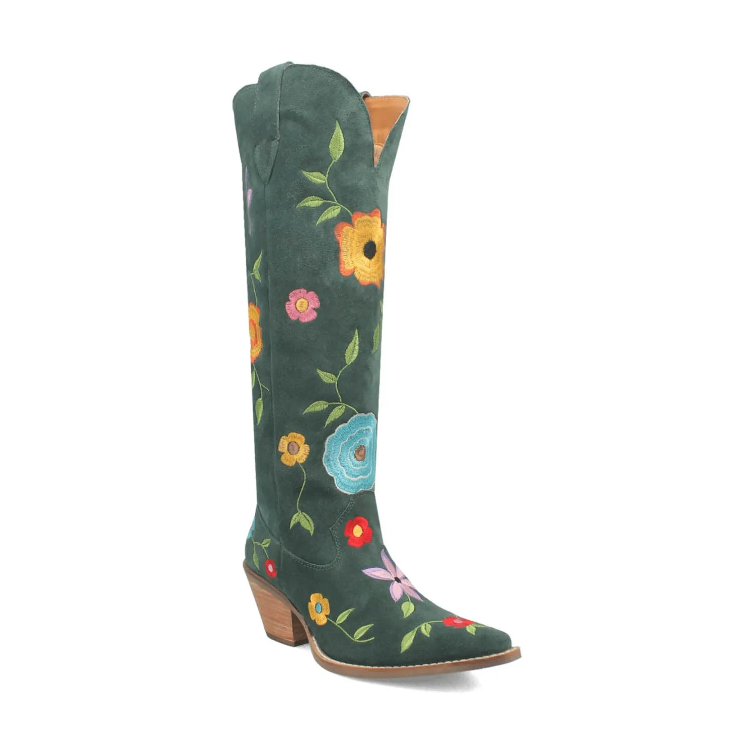 Dingo Womens Flower Power Green Suede Cowboy Boots