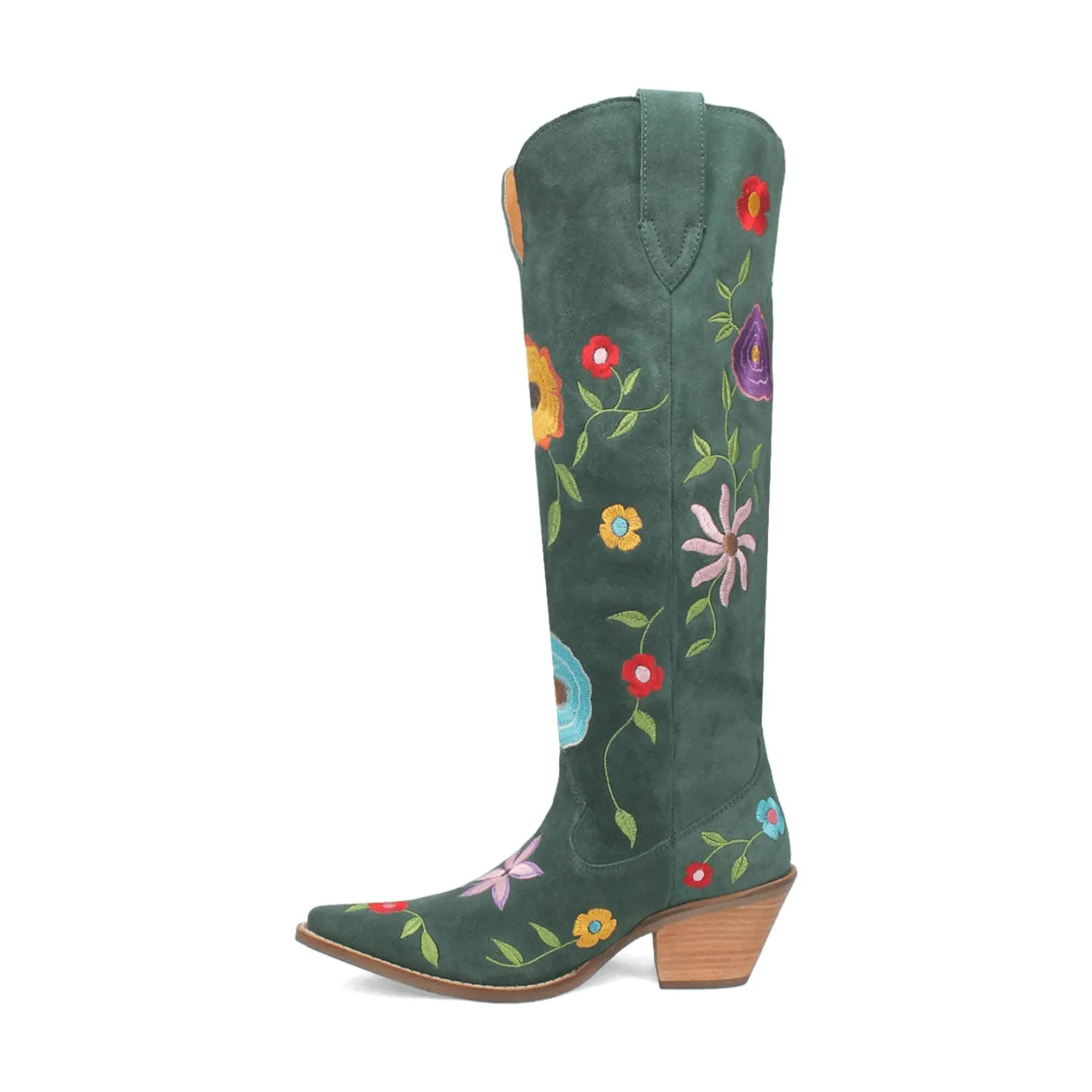 Dingo Womens Flower Power Green Suede Cowboy Boots