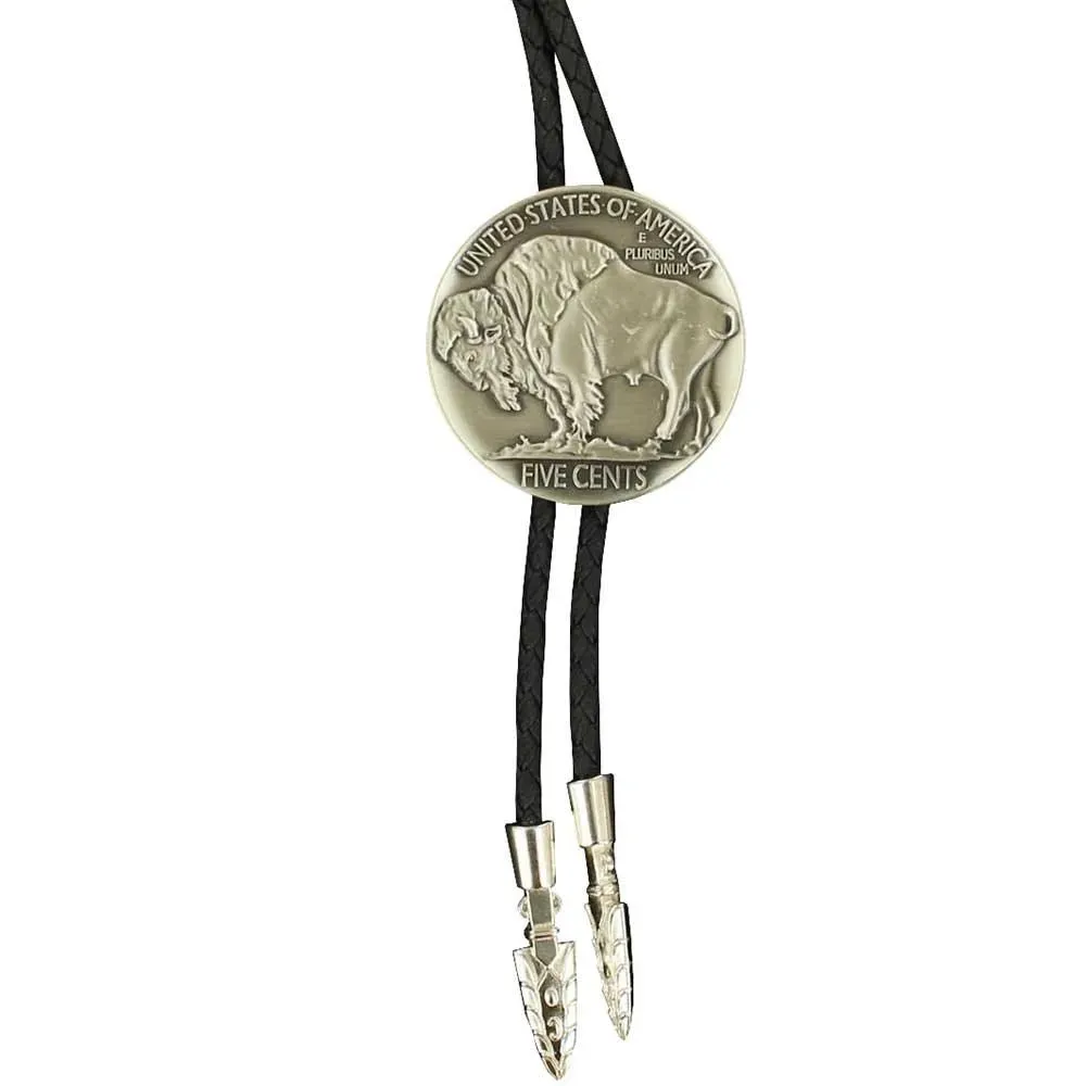 Double S Buffalo Nickel Coin with Arrowheads- Bolo Tie