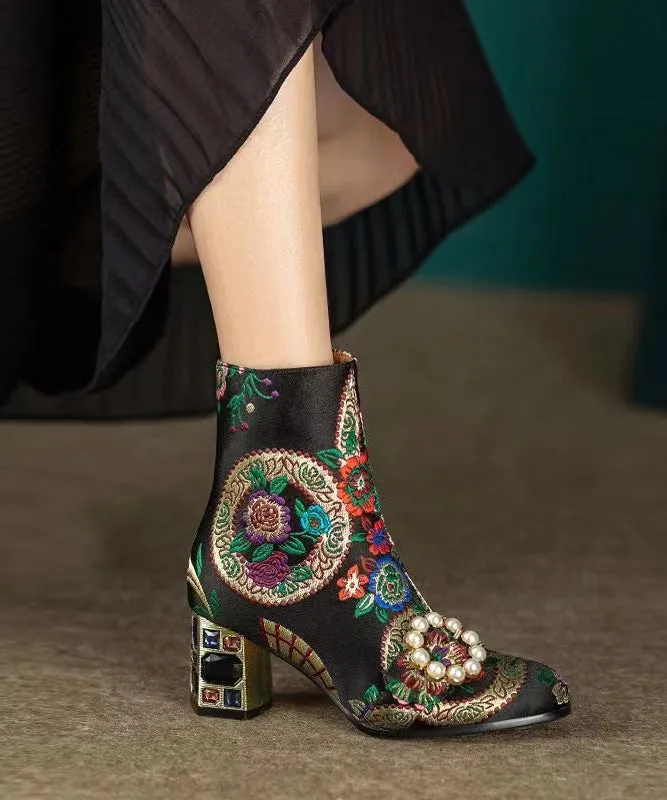 Elegant Yellow Embroidered Zircon Satin Chunky Ankle Boots RT1082