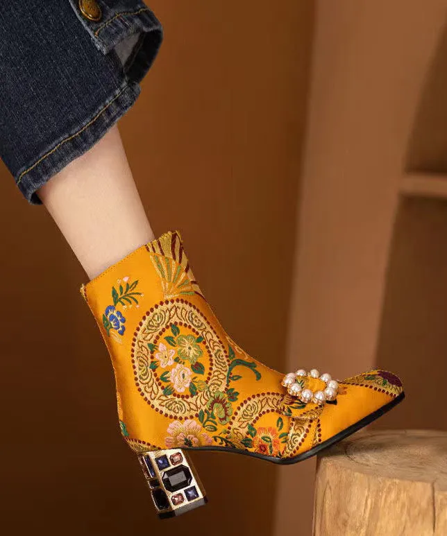 Elegant Yellow Embroidered Zircon Satin Chunky Ankle Boots RT1082