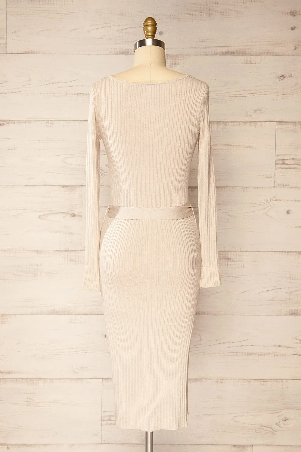 Flamborough | Ribbed Beige Midi Dress w/ Belt