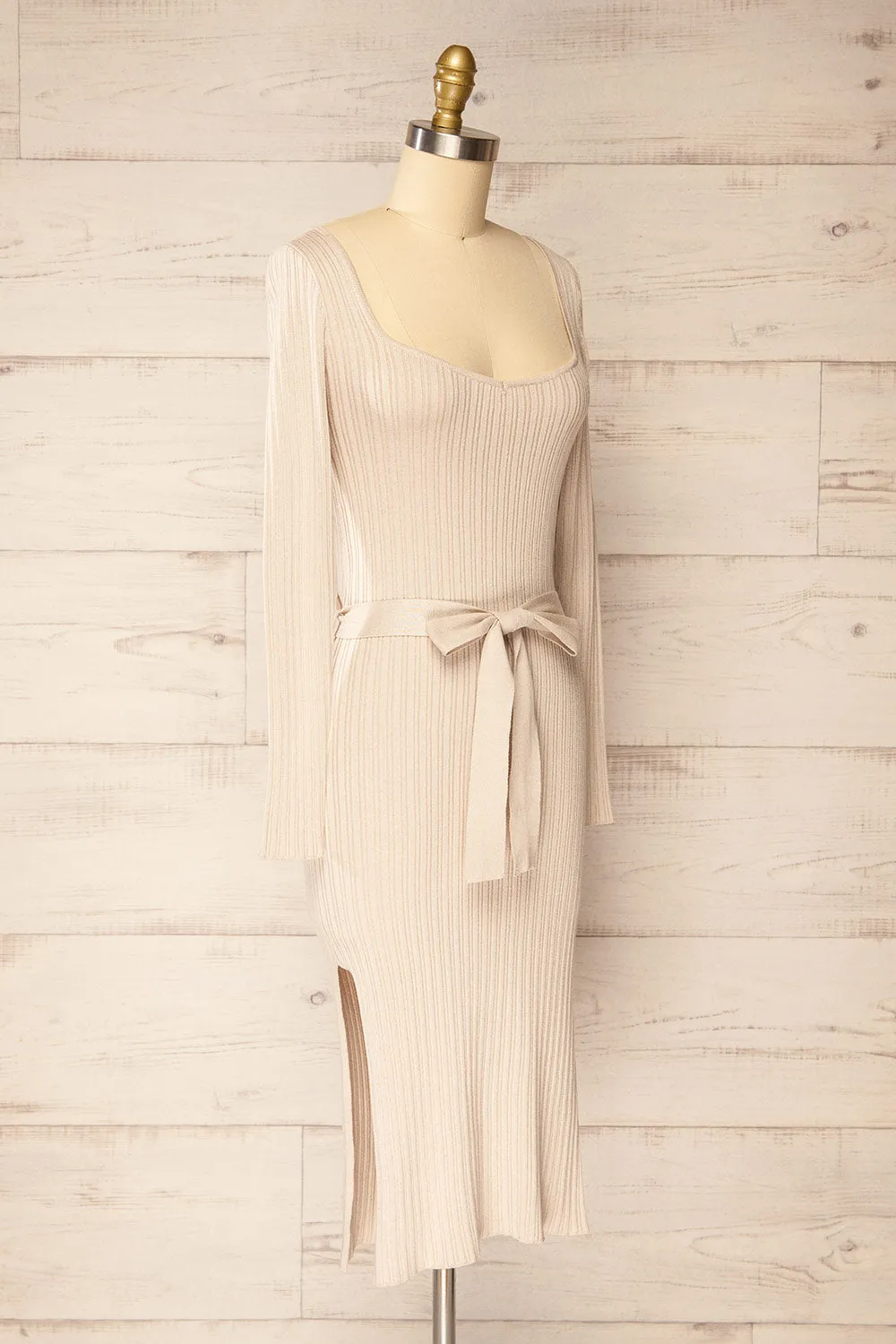 Flamborough | Ribbed Beige Midi Dress w/ Belt