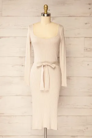 Flamborough | Ribbed Beige Midi Dress w/ Belt