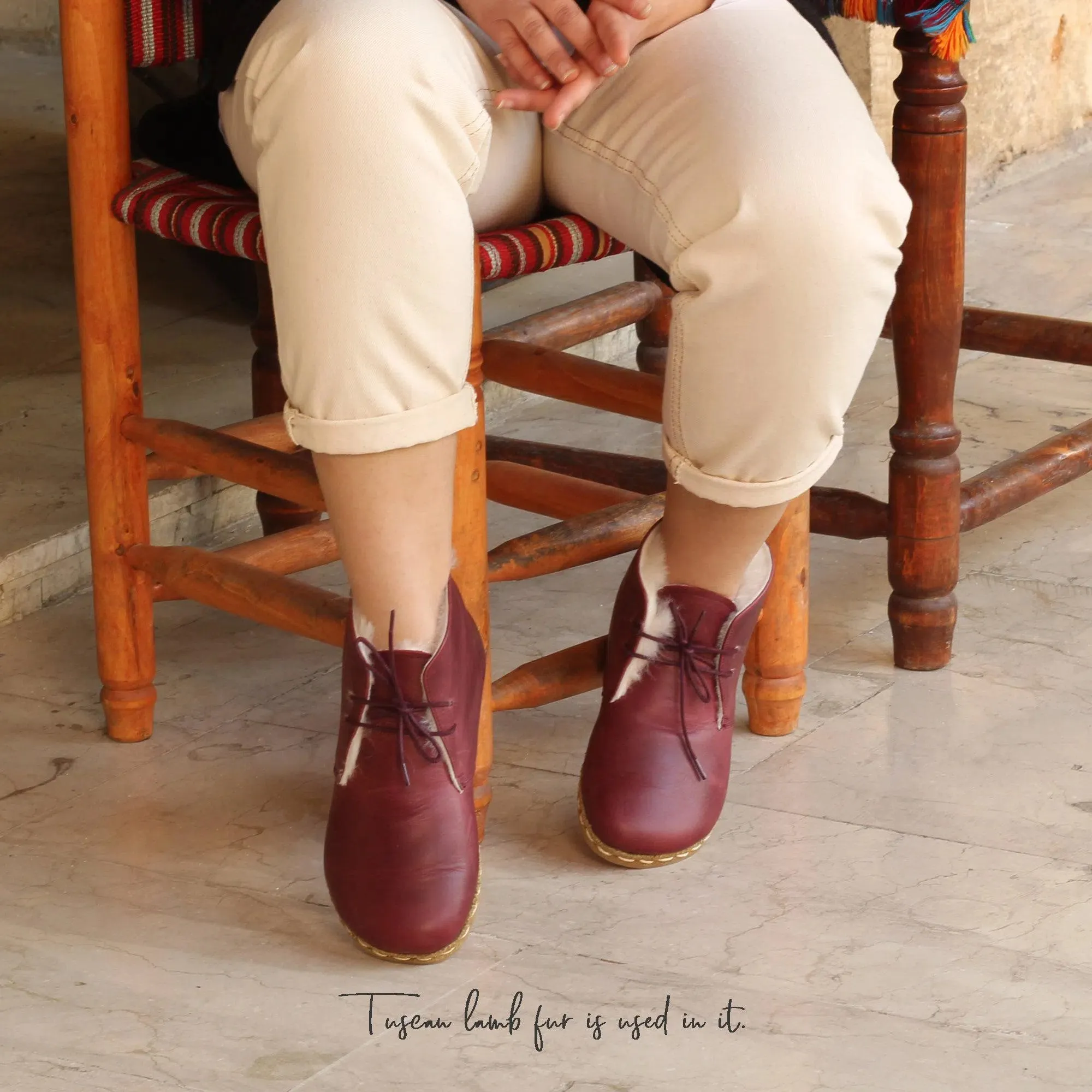 Handmade Burgundy Barefoot Shearling Oxford Boots For Women