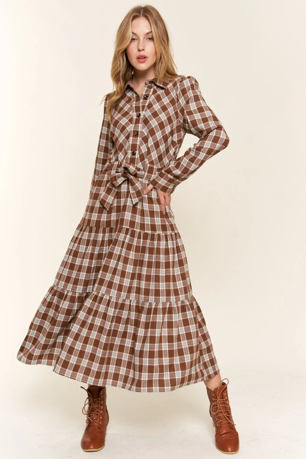 Hot Girl And the Why Plaid Tiered Shirt Midi Dress