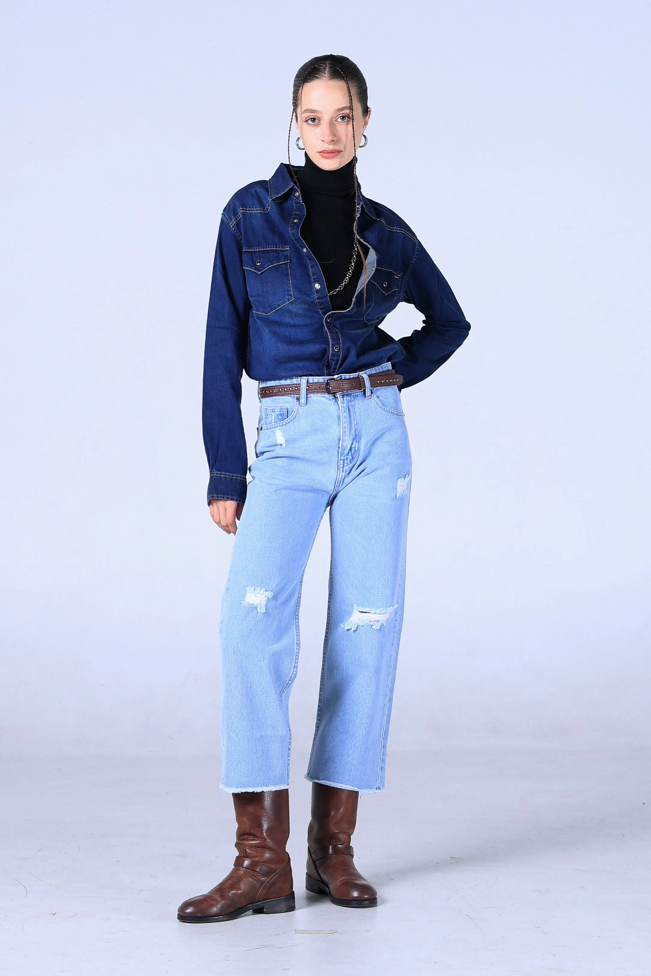 Jack Russel - Women Jeans - Handwerk JF-110/OM Wide Leg Ocean Blue High Waisted