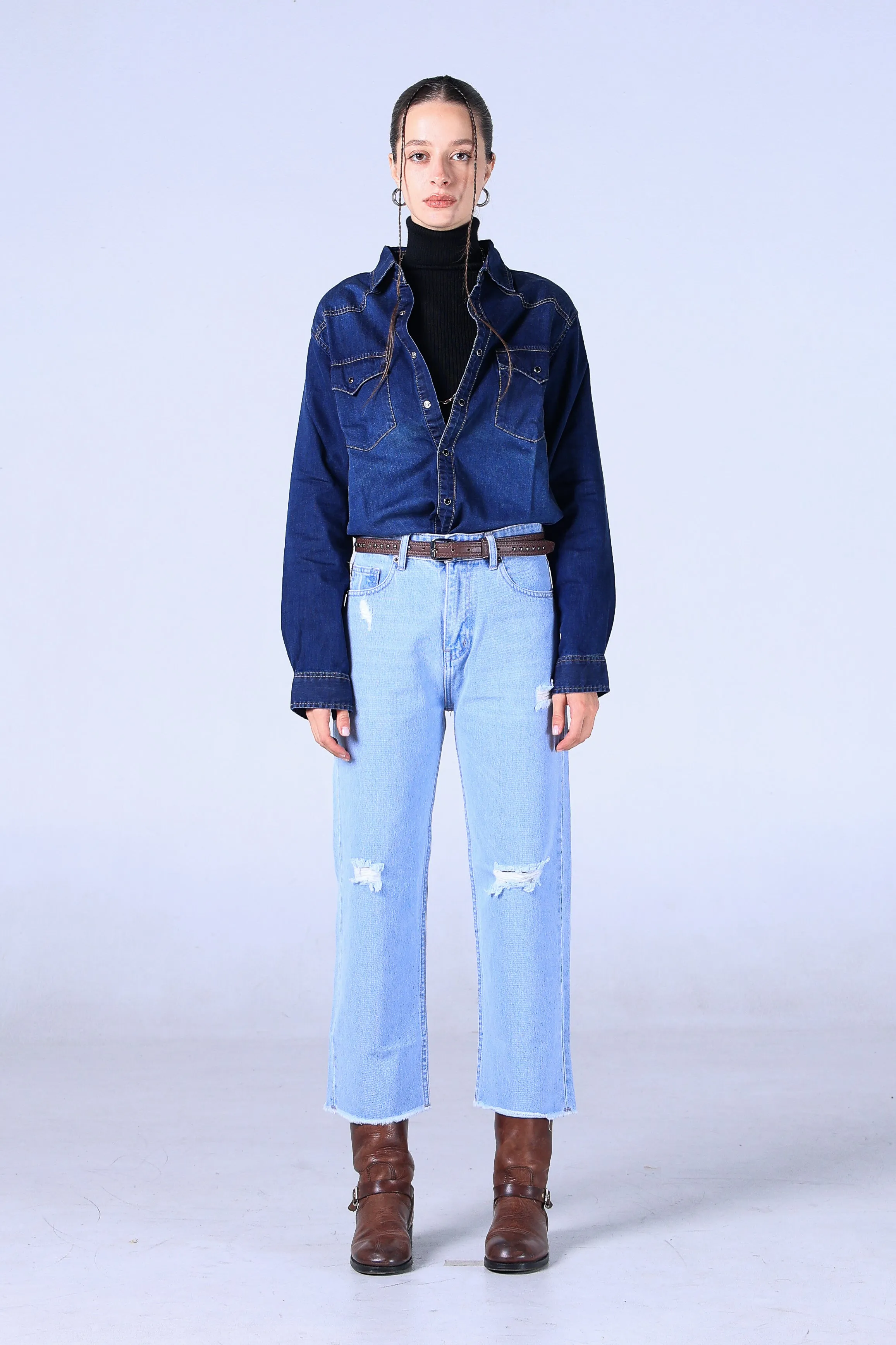 Jack Russel - Women Jeans - Handwerk JF-110/OM Wide Leg Ocean Blue High Waisted