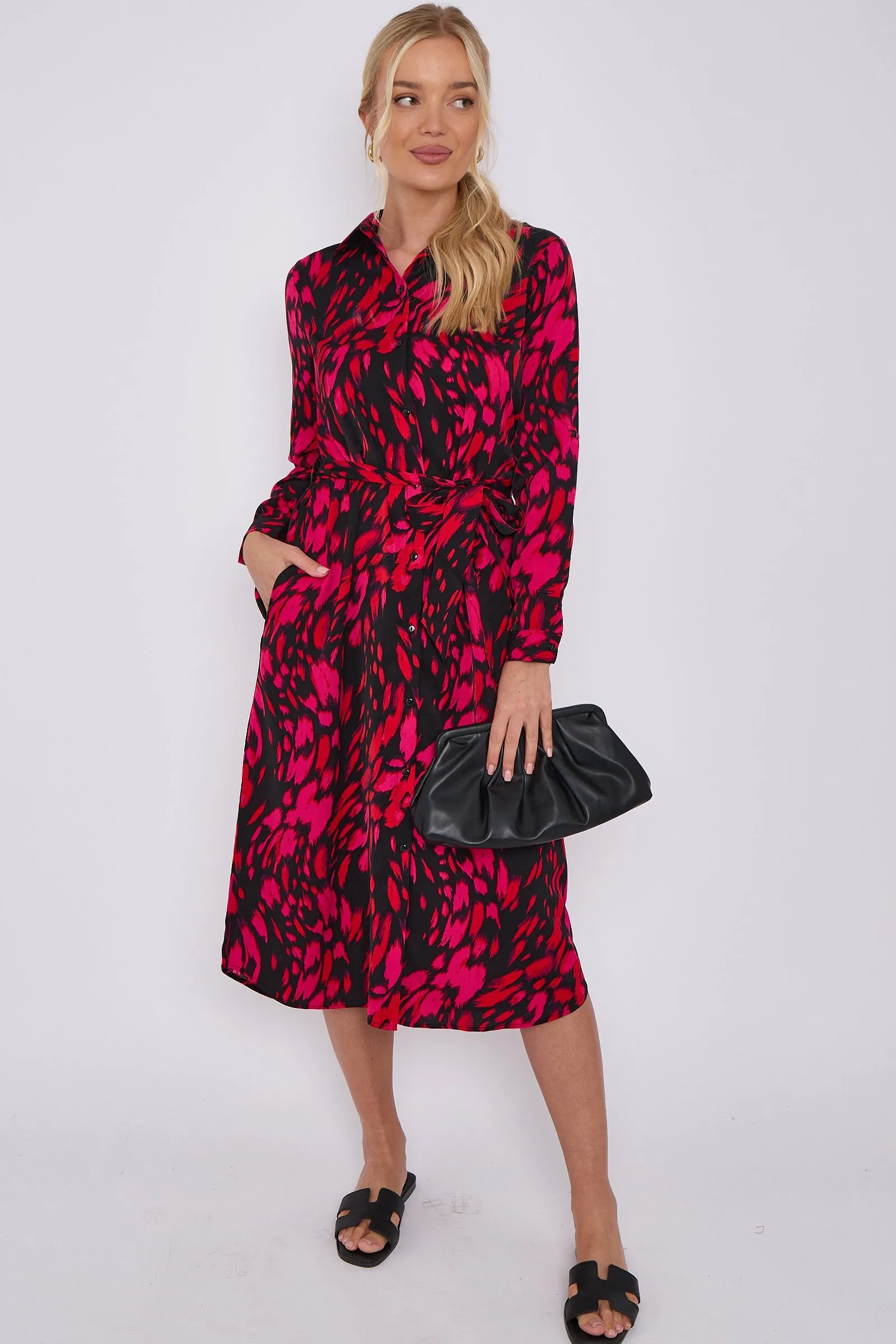 LOVE SUNSHINE Fuchsia Leopard Print Long Sleeve Midi Shirt Dress